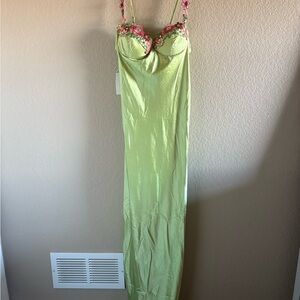 Elegant Green Satin Floral Maxi Dress